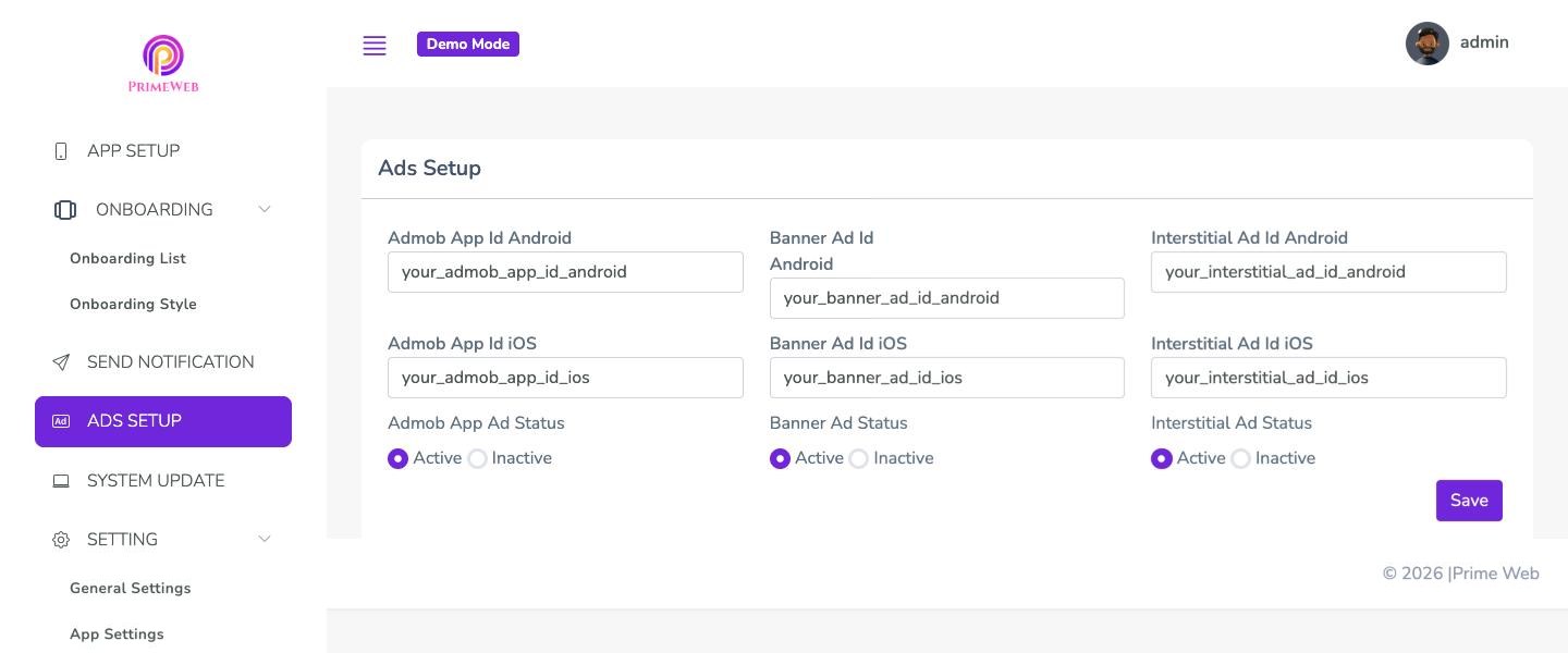 PrimeWeb admin panel, Ads Setup page