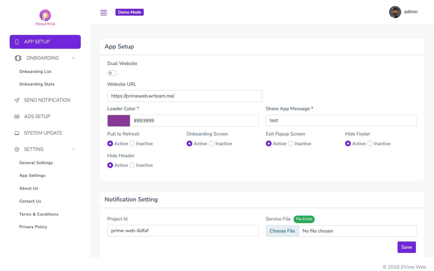 PrimeWeb admin panel, App Setup page