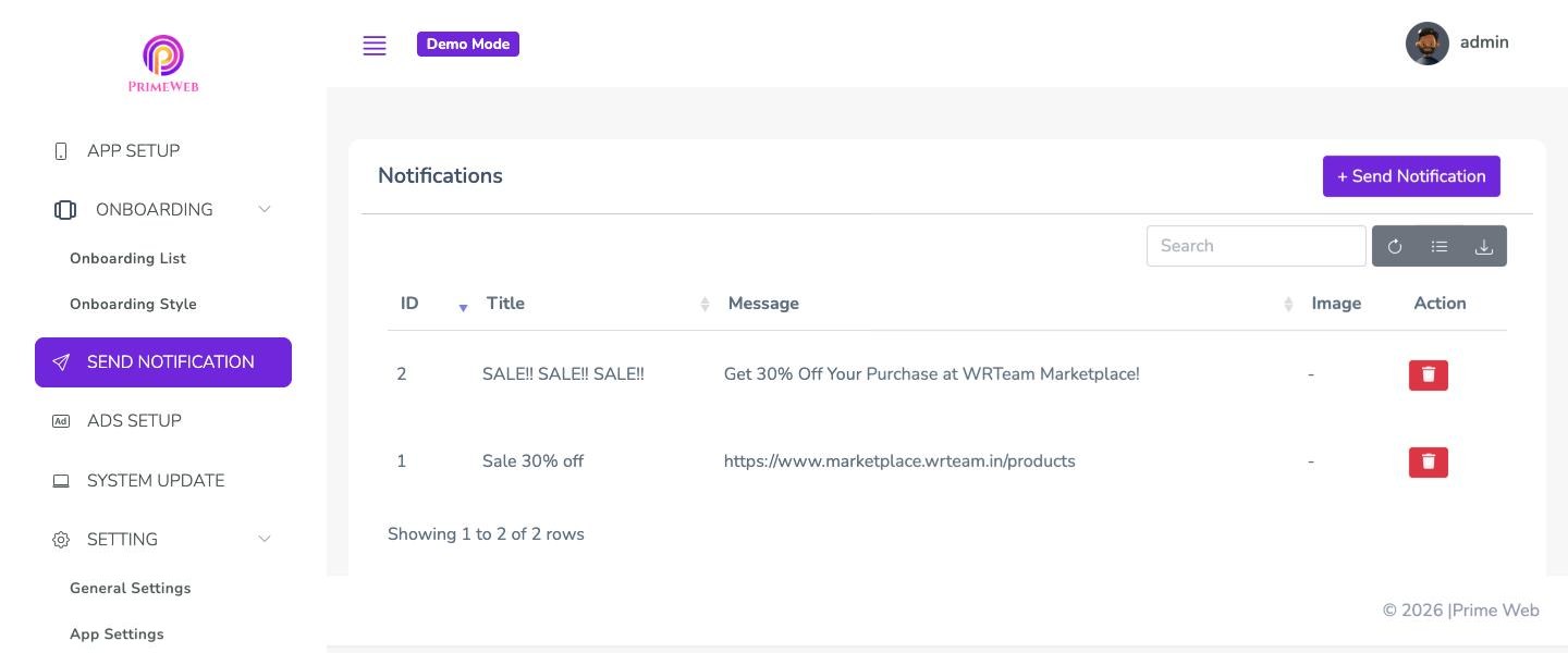 PrimeWeb admin panel, Send Notification page
