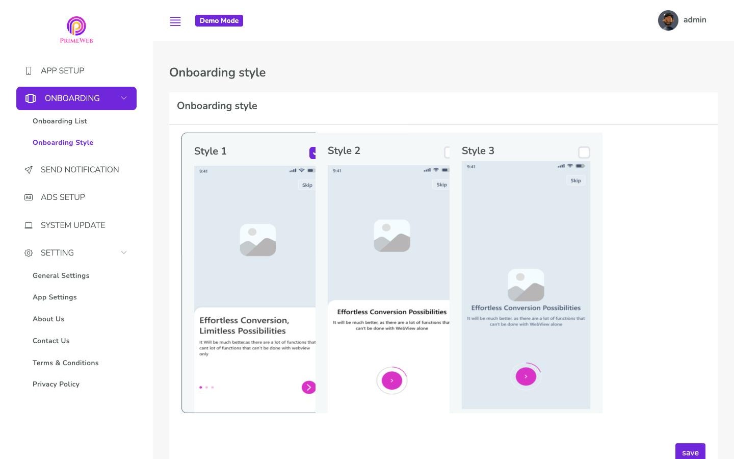 PrimeWeb admin panel, Onboarding Style page